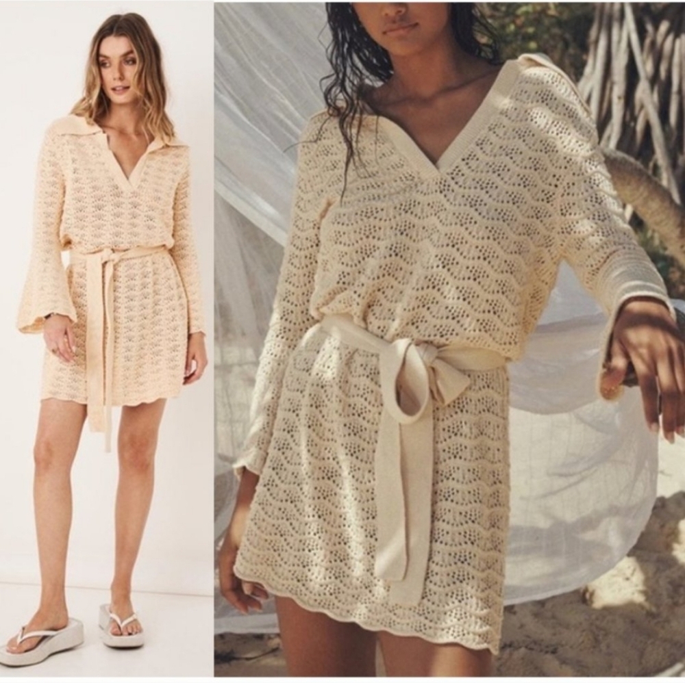 Spell Beige Crochet Mini Dress